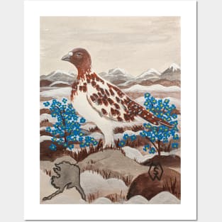 Alaska state bird and flower, the willow ptarmigan and forget-me-not Posters and Art